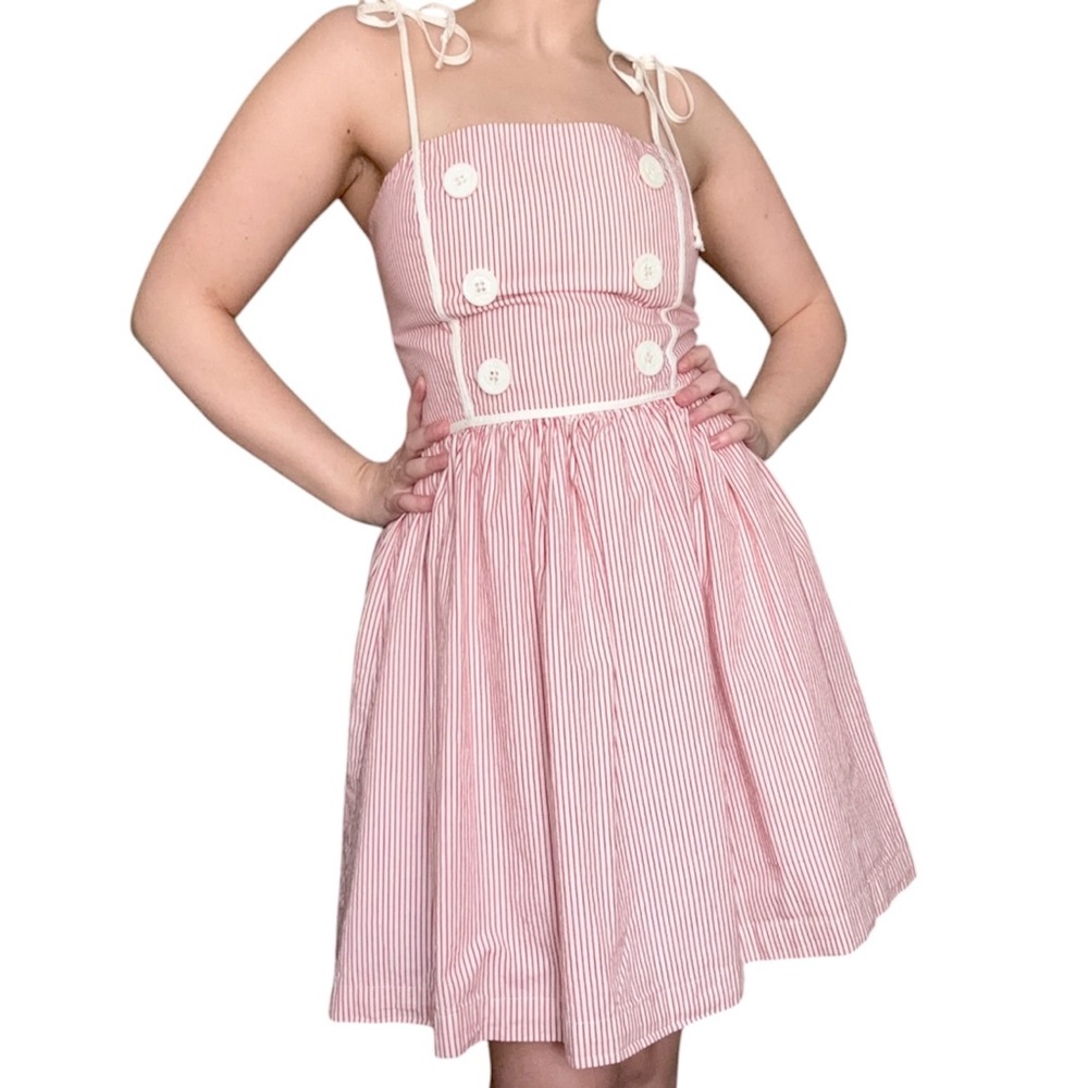 *SOLD* Red & white striped dress with sailor button detail & white ribbon ties